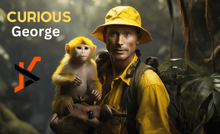 Curious George with a man wearing a yellow hat