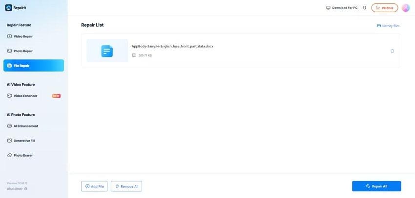 add corrupted word files and hit repair